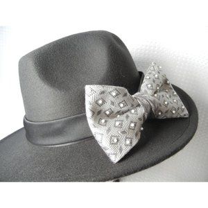 Boho Fedora woman's fancy big bow hat, Black fedora with grey and black beaded h